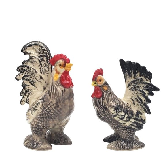 Vtg Handpainted Country Ceramic Chickens Rooster & Hen‎ Figurine 4.5" Black Farm - Picture 1 of 8
